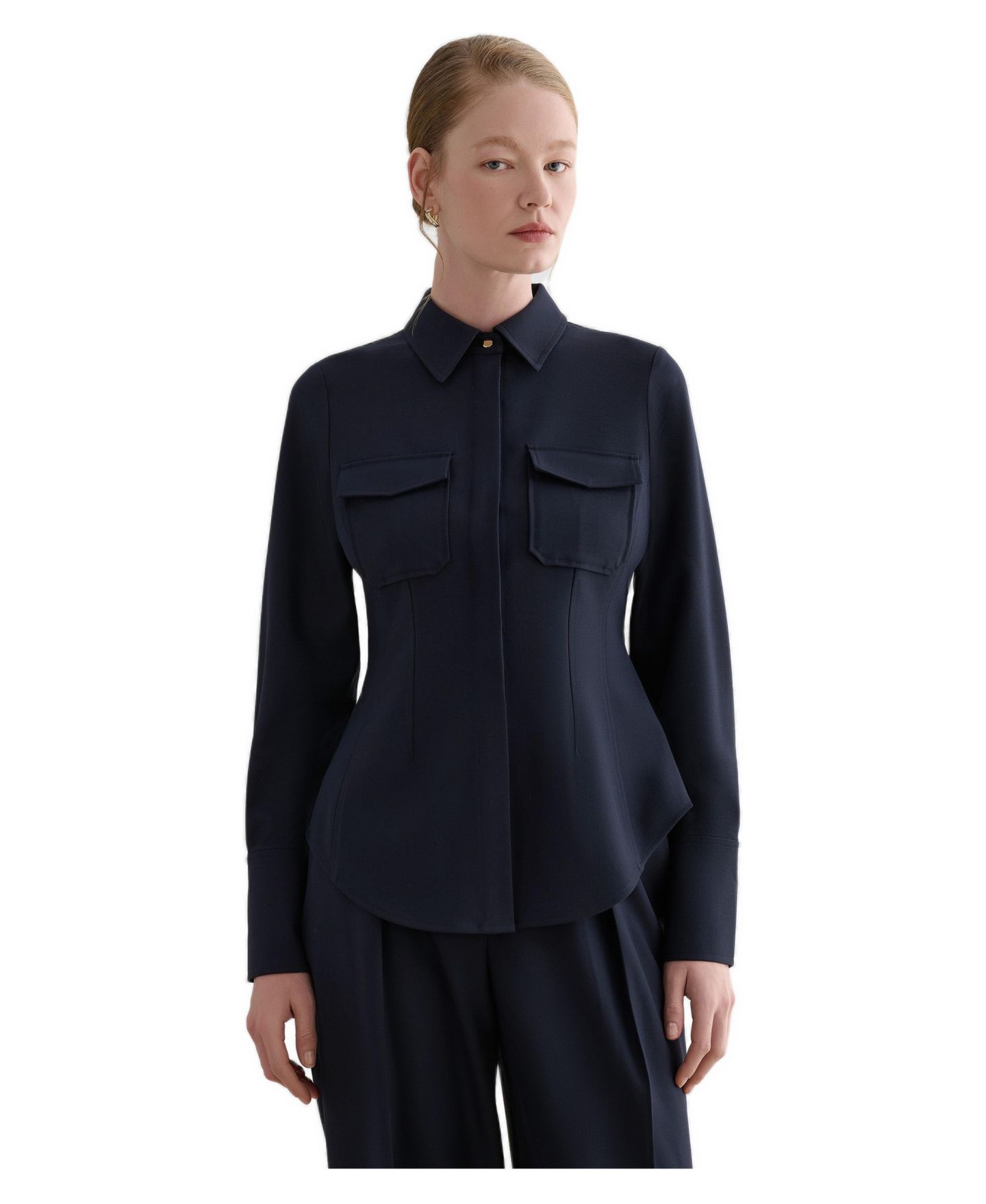 Женская рубашка Hobbs London Dannie Cinched-Waist Collard, цвет: Тёмный синий — фото 1