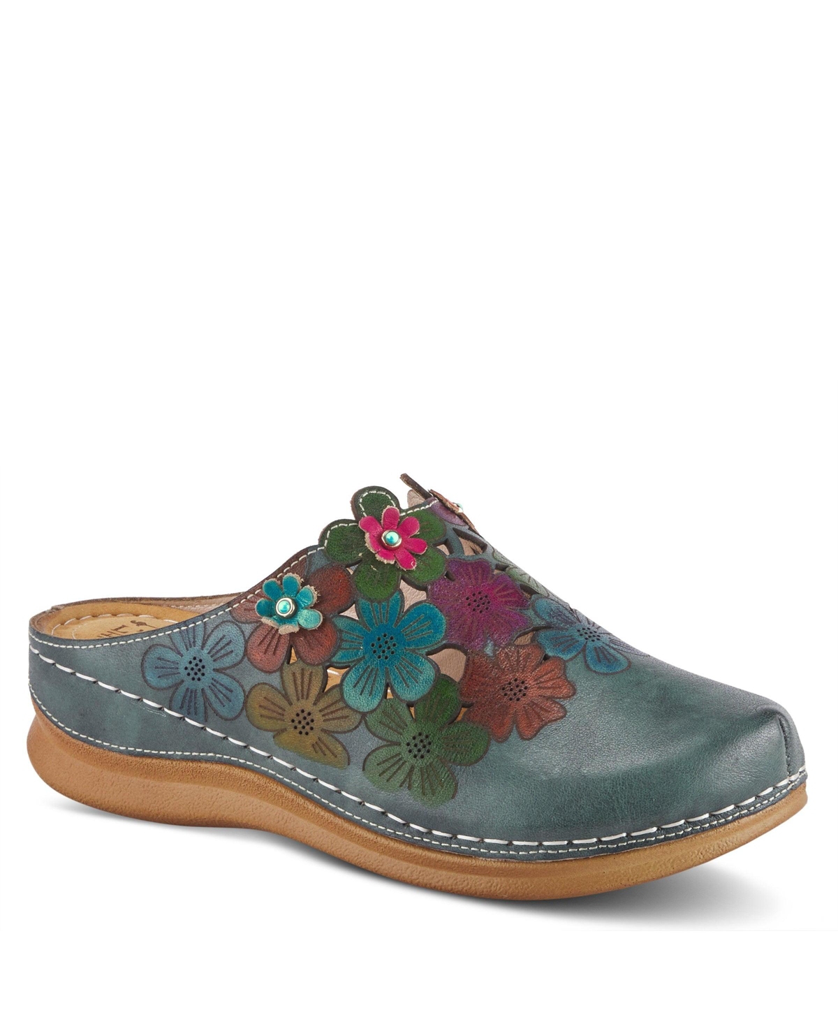 L'Artiste Women's Spring Step Augi Open Back Clog with Hand-Painted Leather - Blue multi