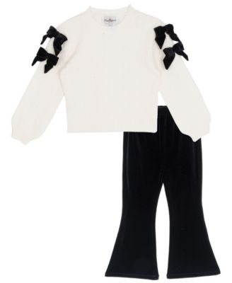 Girls' 4-6X Textured-Knit Velvet-Bow Flared-Leg Top and Pants, 2-Piece Set