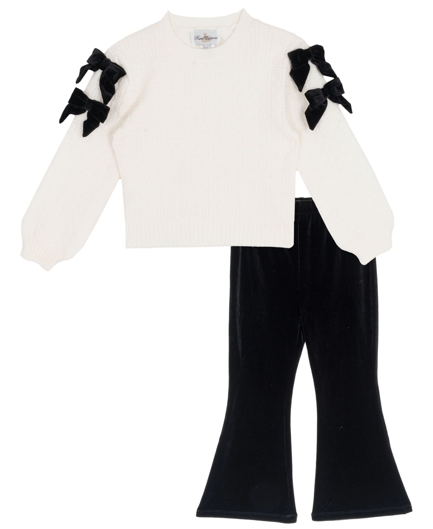 Girls' 4-6X Textured-Knit Velvet-Bow Flared-Leg Top and Pants, 2-Piece Set