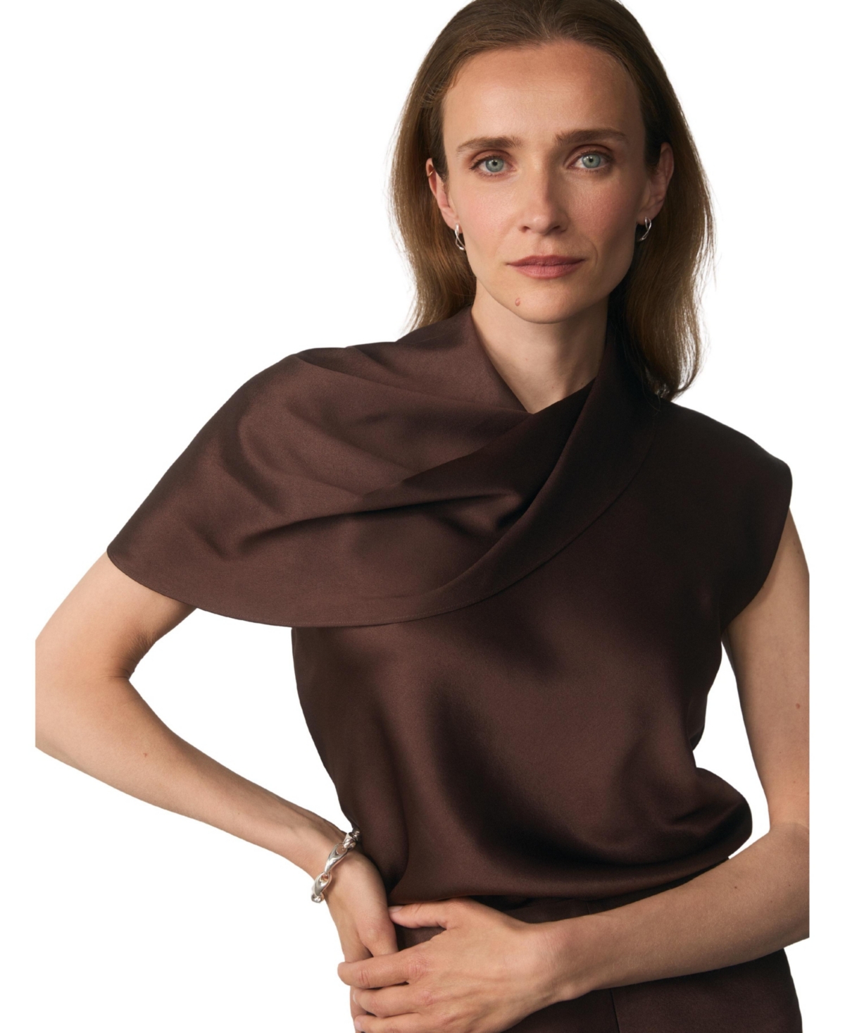 The Fold Women's Ocana Asymmetric Sleeve Satin Blouse