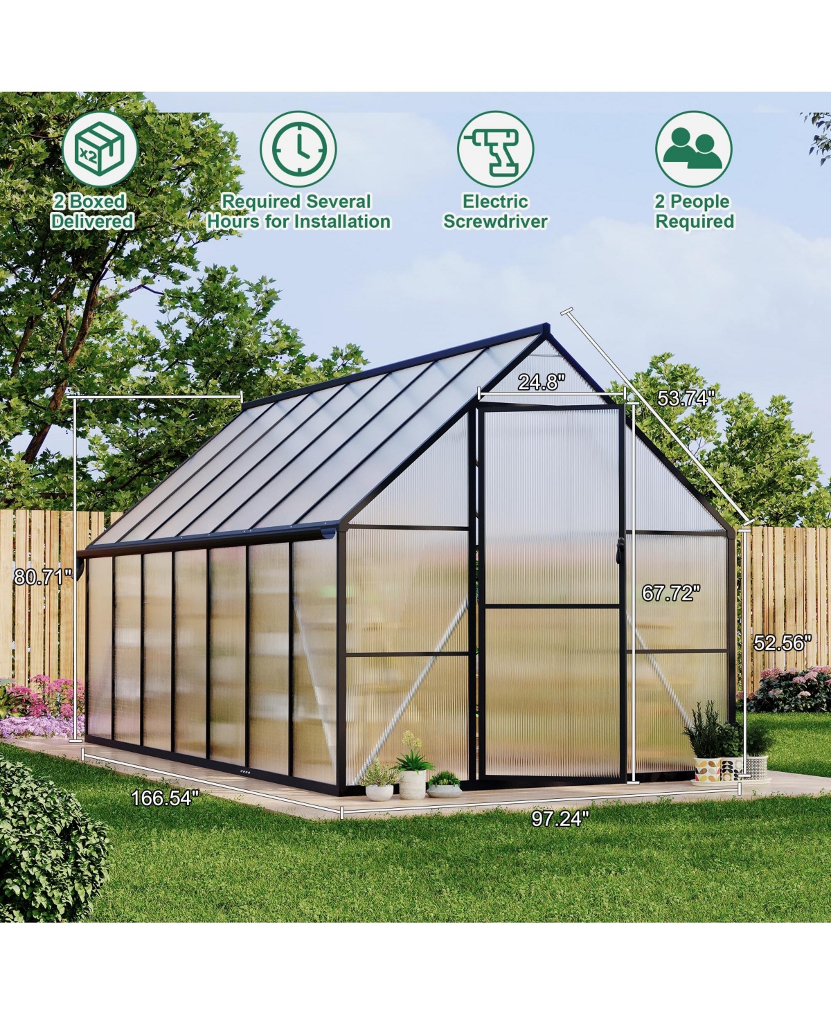 8x14 Ft Walk-In Greenhouse, Aluminum Frame with Polycarbonate Panels for Patio Backyard All-Season Plant Growing, Green/Black