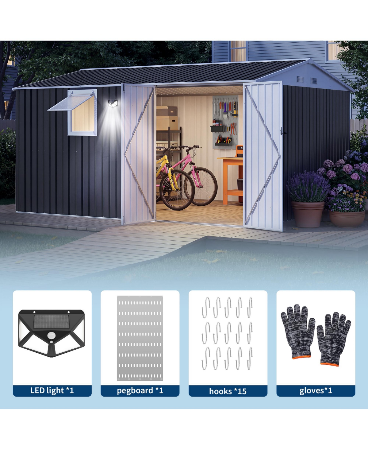 10 x Ft Outdoor Storage Shed with Window, Pegboard and Solar Light, Metal Tool for Garden, Backyard, Patio