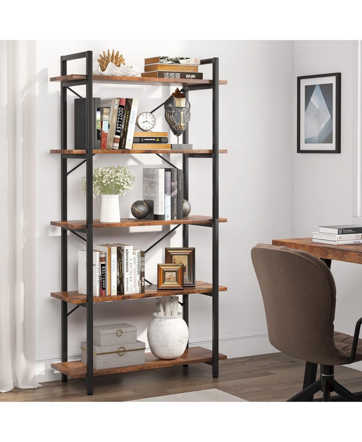 Tribesigns 5 Tier Rustic Bookshelf, Etagere Bookcase with Metal Frame, for Living Room, Study, Home Office - Rustic brown and black