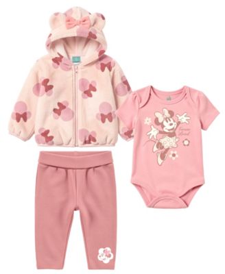 Baby Girls' Minnie Mouse Hooded Zip-Up Faux Fur Hoodie, Bodysuit and Pants, 3-Piece Set