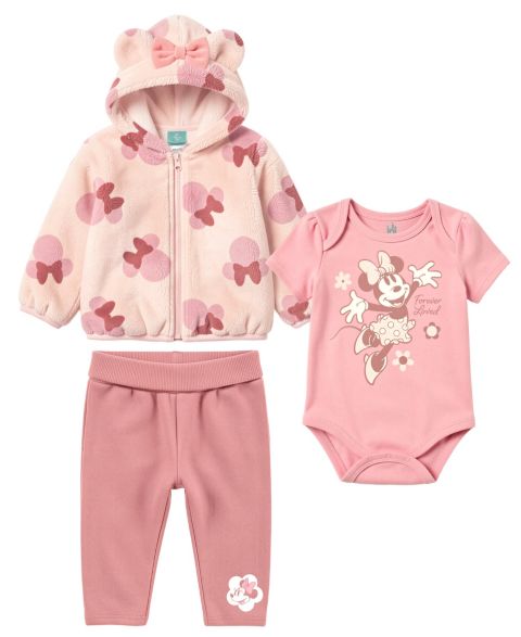 Disney Baby Girls' Minnie Mouse Hooded Zip-Up Faux Fur Hoodie, Bodysuit and Pants, 3-Piece Set, цвет: Розовый