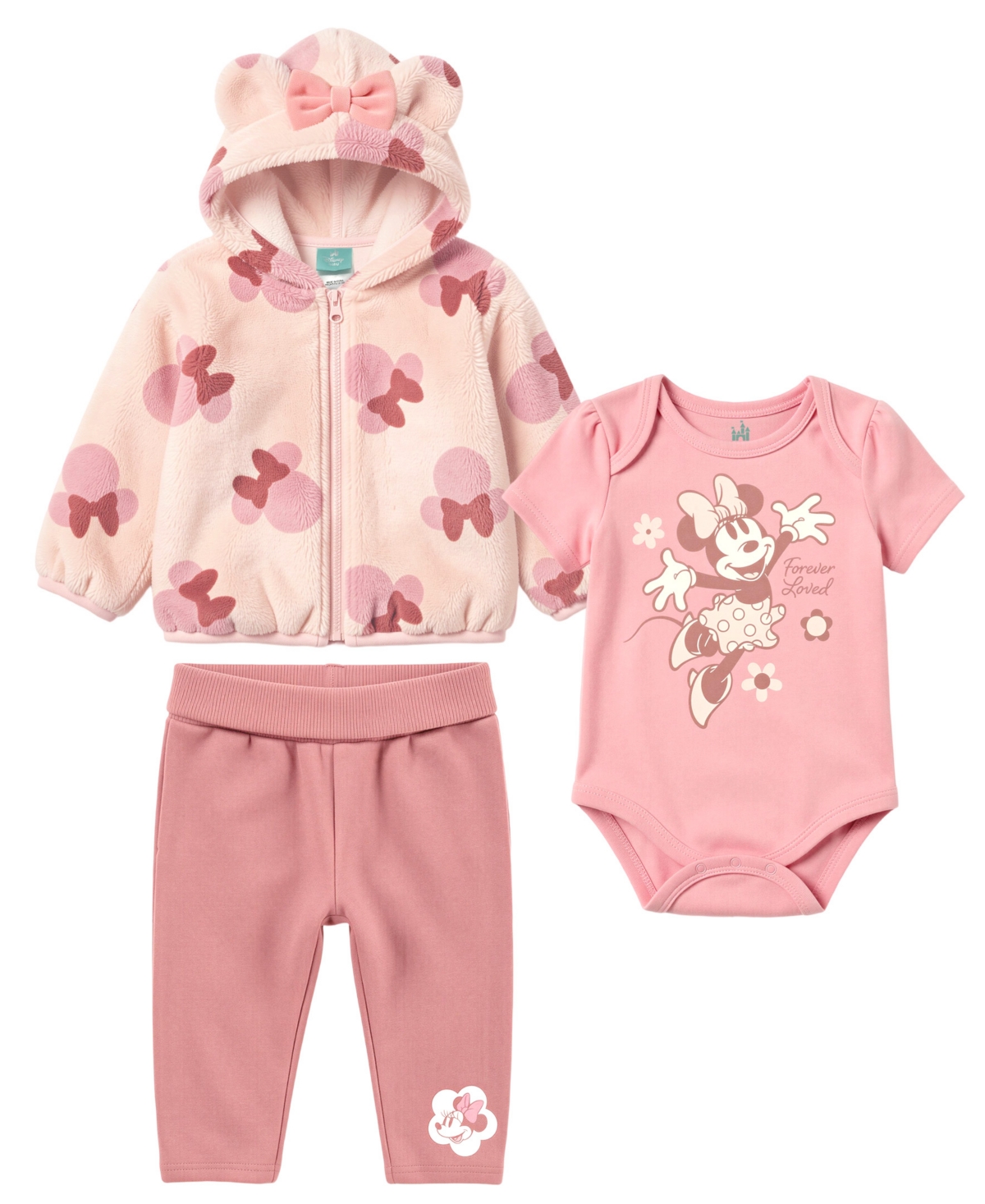 Disney Baby Girls' Minnie Mouse Hooded Zip-Up Faux Fur Hoodie, Bodysuit and Pants, 3-Piece Set - Pink
