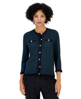 Petite Two-Tone Stitch Crewneck 3/4 Sleeve Cardigan