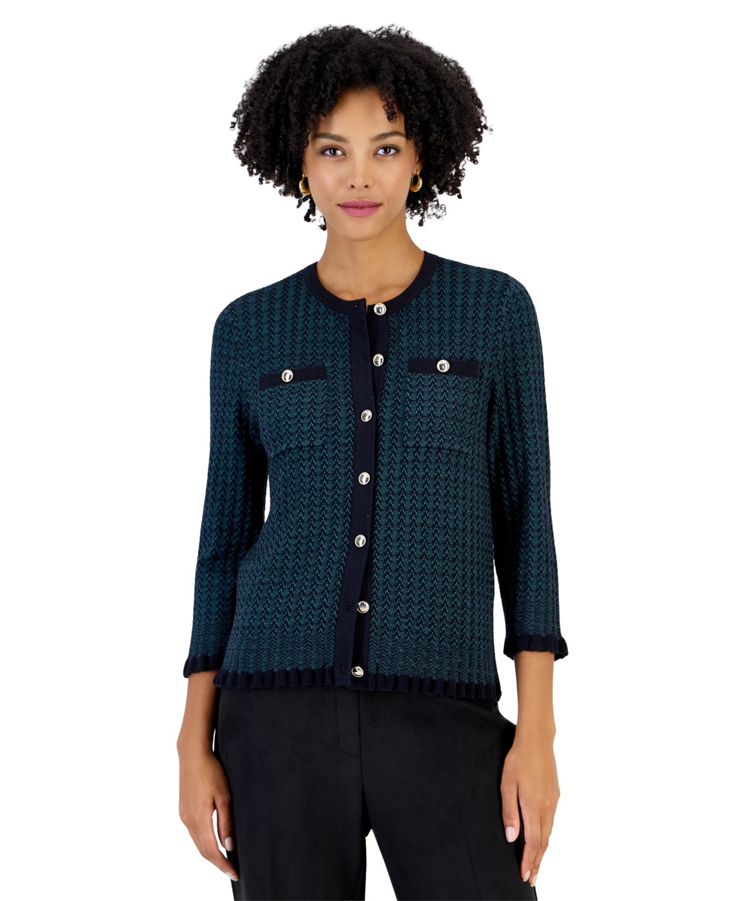 Petite Two-Tone Stitch Crew Neck 3/4 Sleeve Cardigan