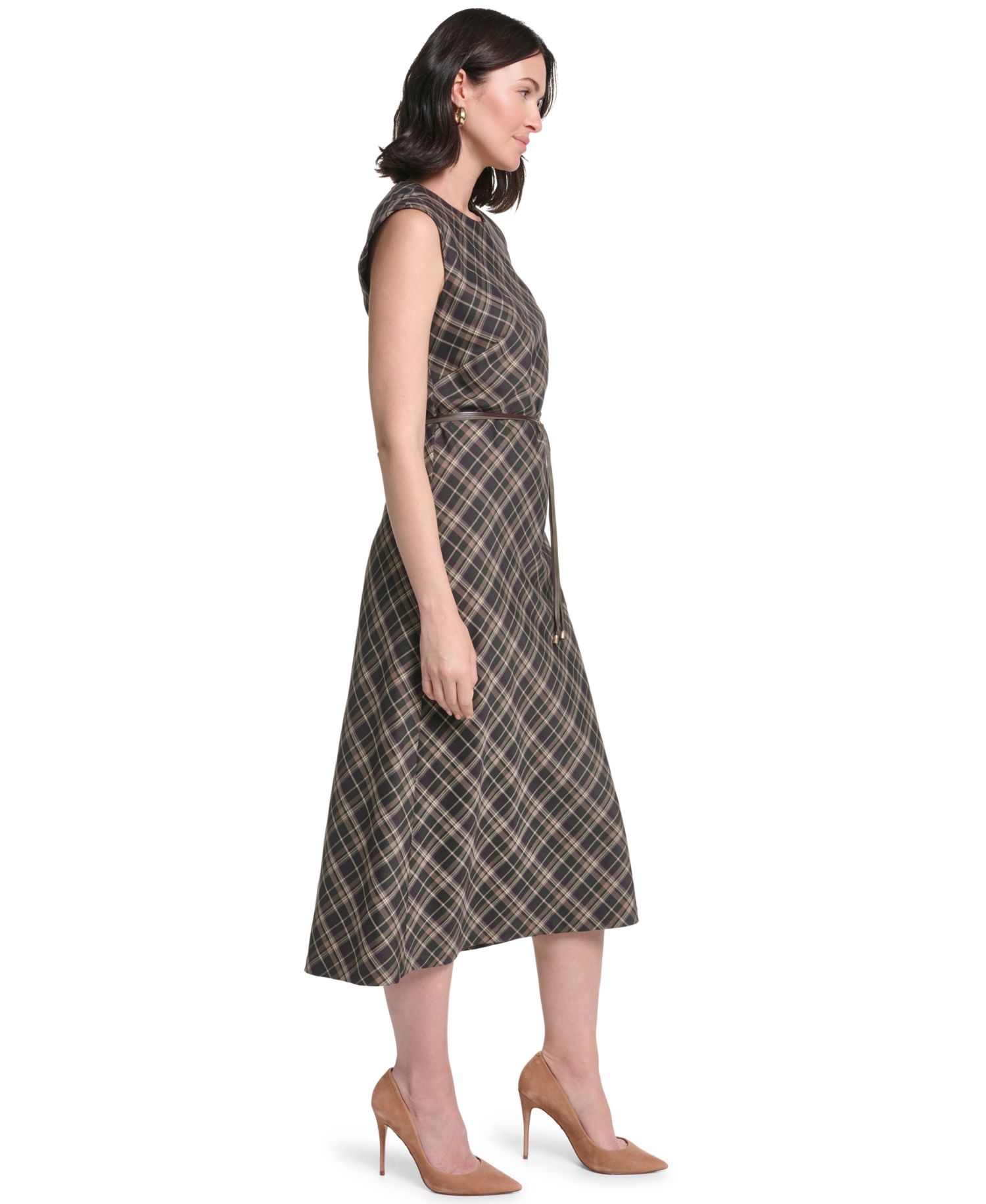 Women's Cap Sleeve Bias Plaid Midi Dress