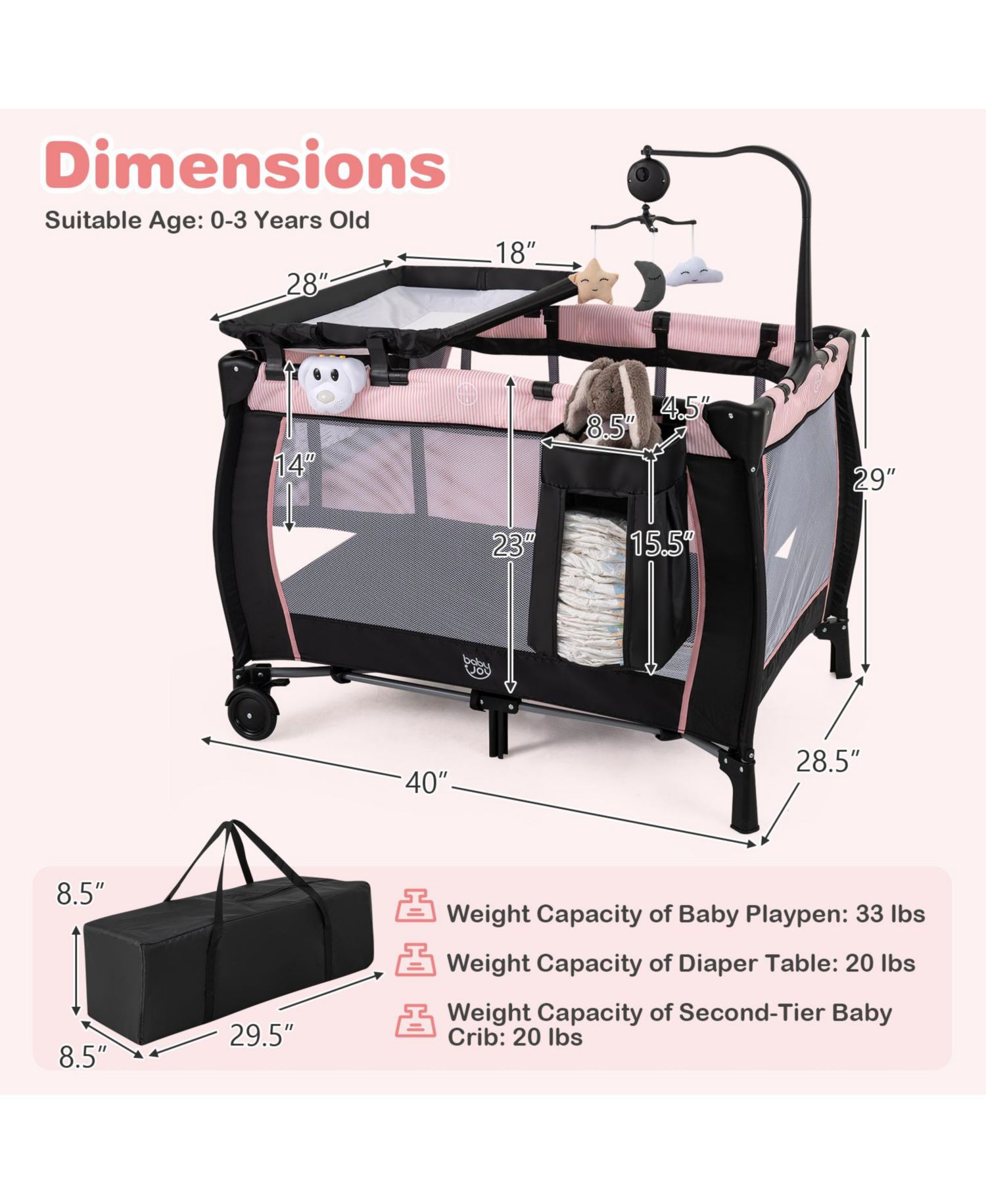 3-in-1 Baby Bassinet Portable Pack and Play with Removable Changing Table Mattress