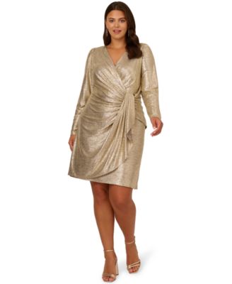 Plus Size Long-Sleeve Wrap Metallic Dress