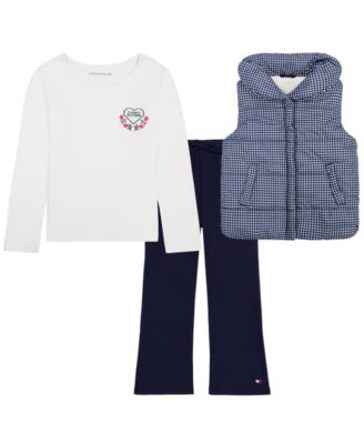 Girls' 4-16 Puffer Check Flare-Leg Vest, T-Shirt, and Pants, 3-Piece Set