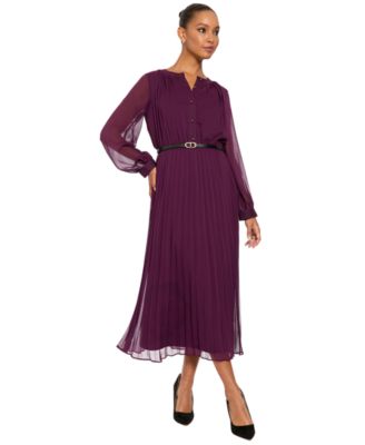 Women's Tea Pleated Chiffon Midi Long-Sleeve Dress