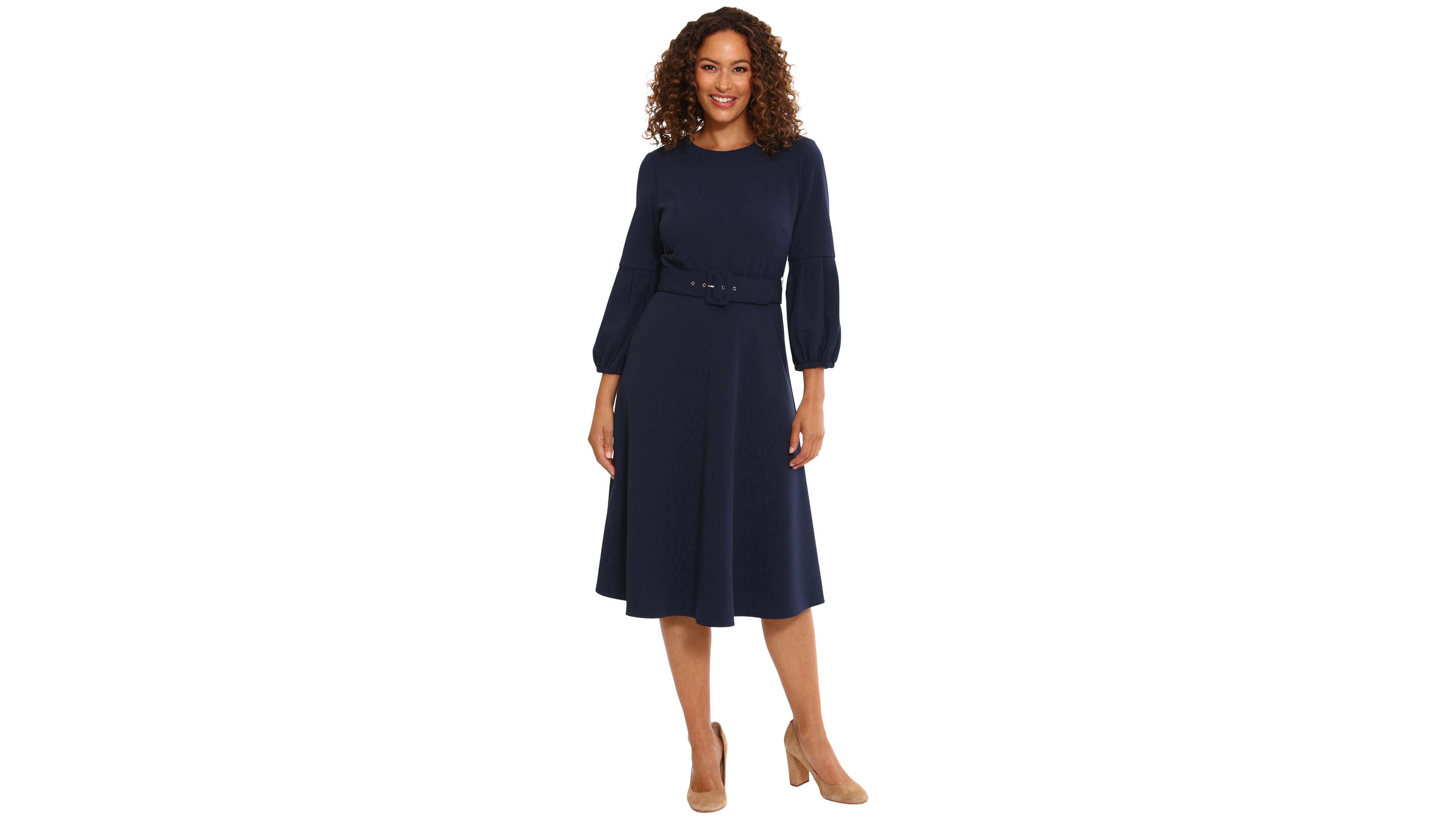 London Times Women's Belted Scuba-Crepe Fit & Flare Dress