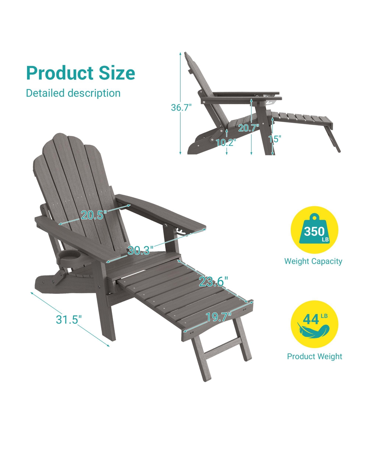 Sonkuki 2Pcs Folding Adirondack Chair with Retractable Ottoman, Weather Resistant Fire Pit Patio Cup Holder Lawn Outdoor Lounge