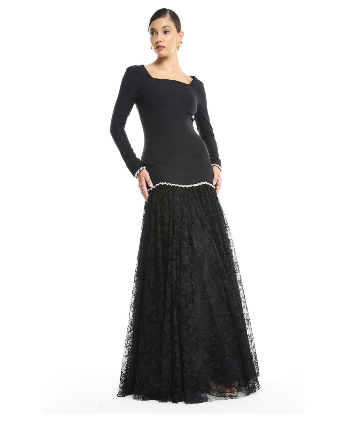 Amri Women's Two-Tone Lace Gown - Long Sleeve Square Neck Drop-Waist Evening Dress