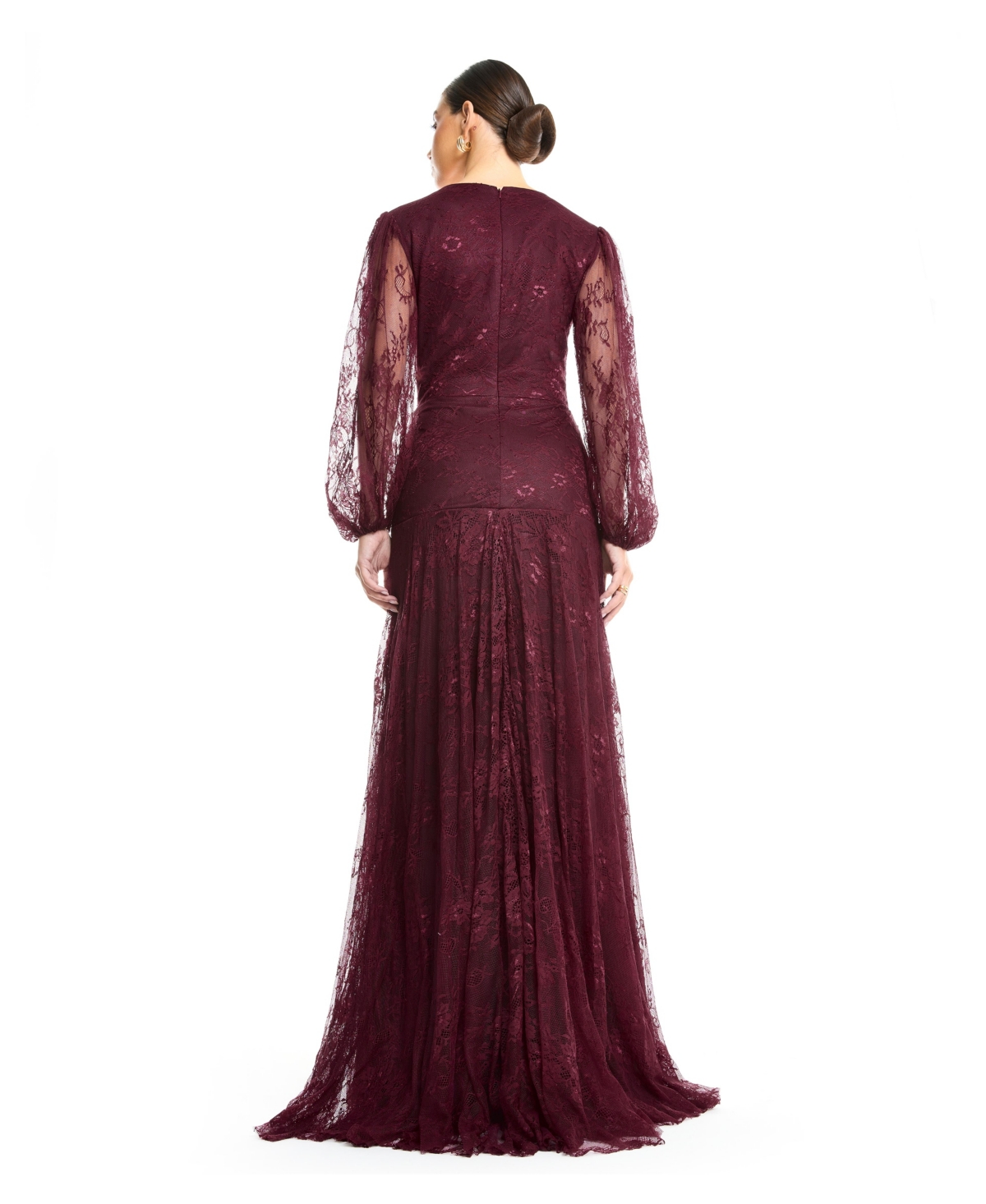 Amri Women's Wrap Lace Gown with Sheer Sleeves - Tiered Ruffle Draped Evening Dress