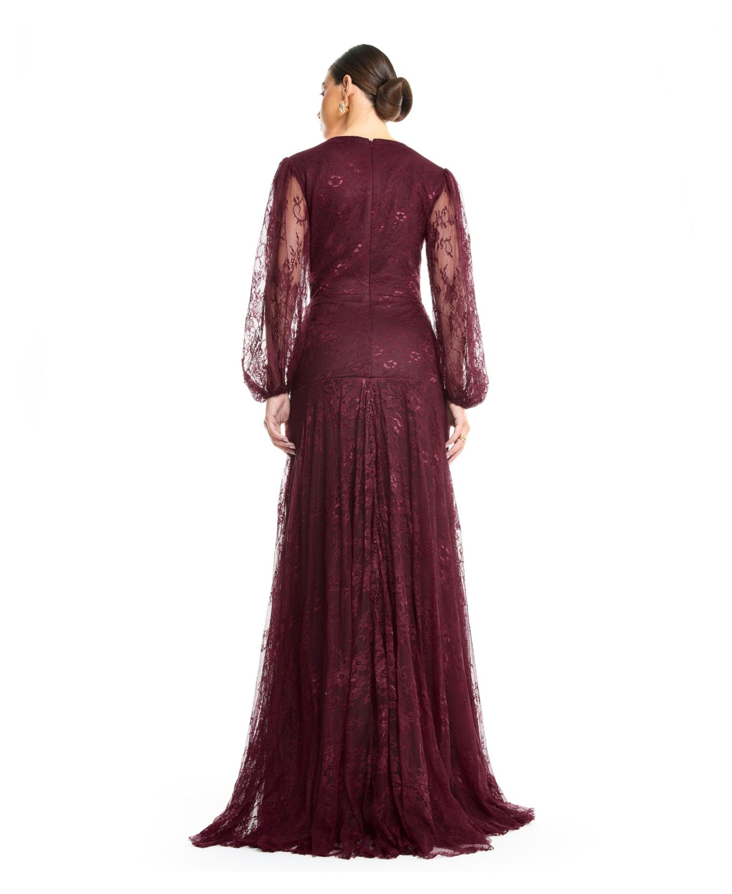 Women's Wrap Lace Gown with Sheer Sleeves - Tiered Ruffle Draped Evening Dress