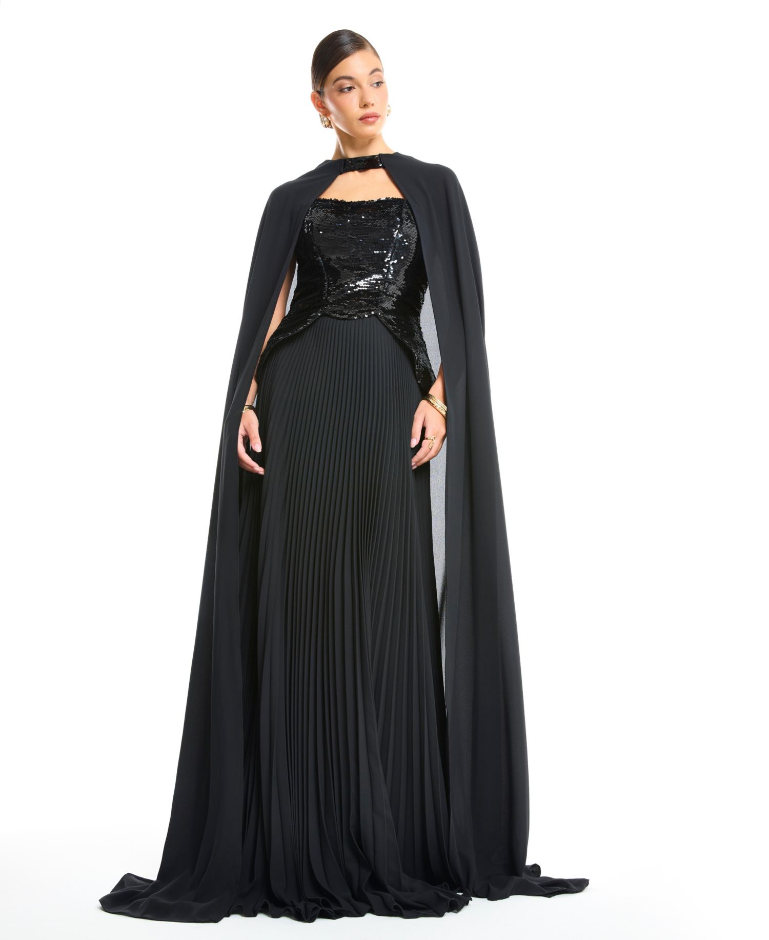 Women's Sequin Bustier Pleated Evening Gown with Detachable Cape