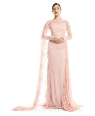 Women's High Neck Lace Sheath Gown with Cape Sleeve - Long Train Evening Dress