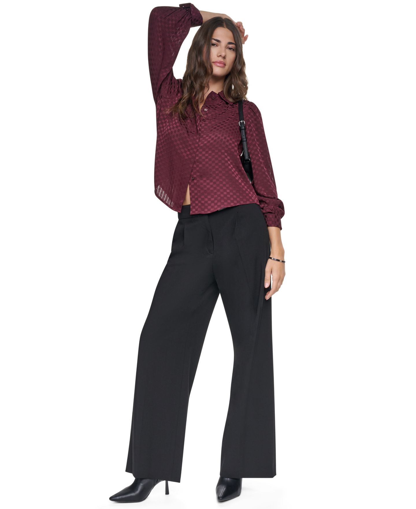 Женская блузка DKNY Petite Long-Sleeve Puff-Sleeve Button-Front Blouse, цвет: Каберне — фото 3