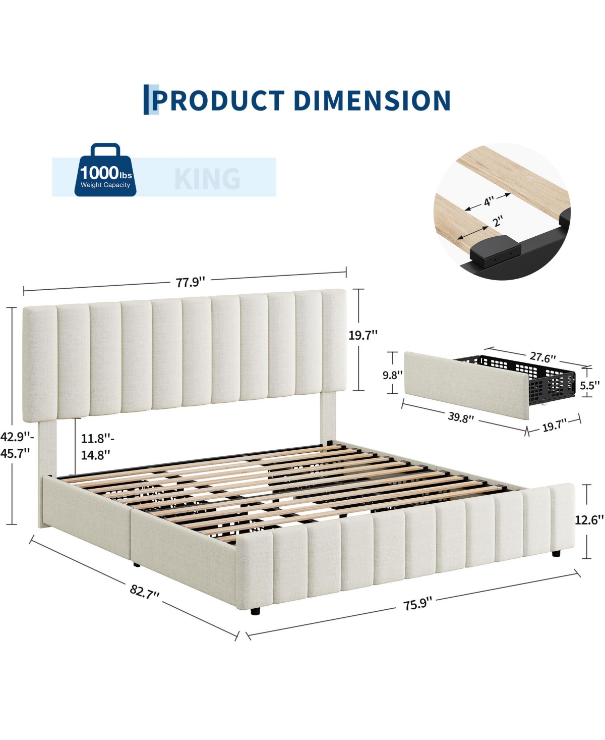 Homfan Storage Platform Bed Frame – 4 Drawers, Adjustable Headboard, No Box Spring Needed, Heavy-Duty Wooden Structure
