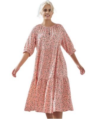 Women's 100% Cotton Tiered Below-Elbow Sleeve Midi Dress