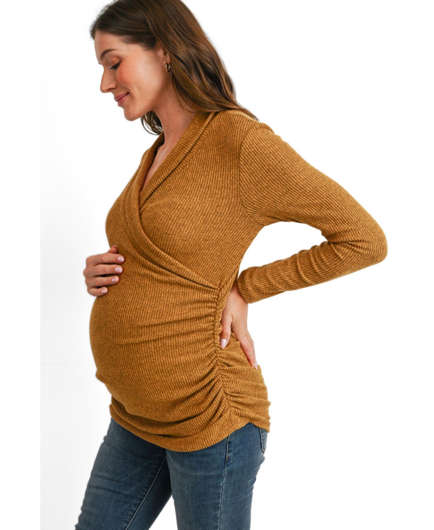 Maternity Nursing Ribbed-Knit Crossover V-Neck Long-Sleeve Top