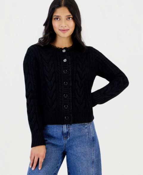 Женский кардиган And Now This Petite Cable-Knit Crewneck, цвет: Чёрный
