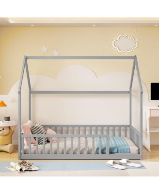 Twin House Floor Bed with Roof, Guardrails