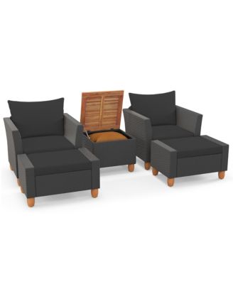 Set of 5 Patio Furniture Set with Storage Table Ottomans Soft Pillows and Cushions
