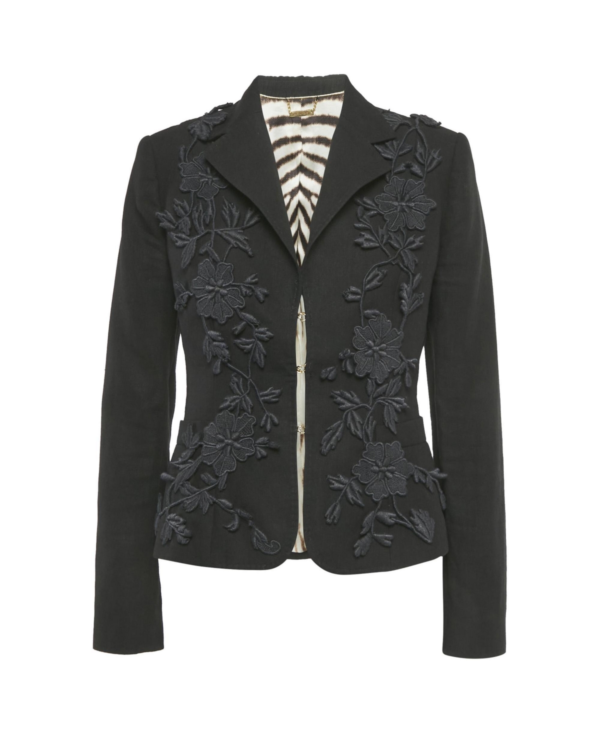 Pre-Owned Roberto Cavalli Women's Floral-Applique Long-Sleeve Open-Front Linen-Cotton Blend Blazer - Black