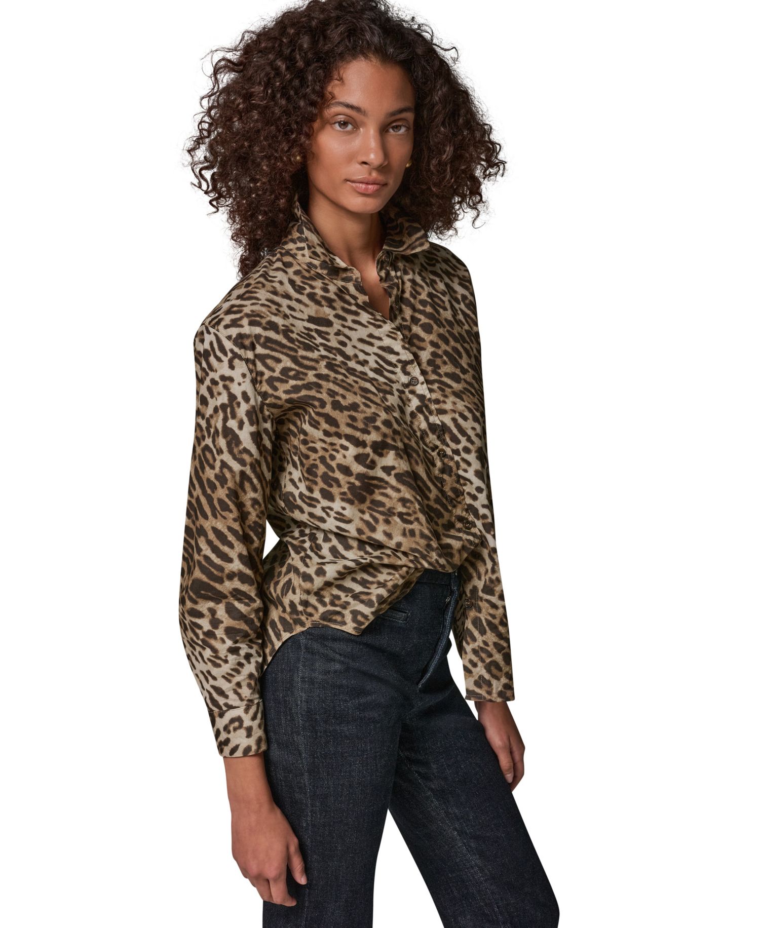 Women's Leopard-Print Collared Voile Long-Sleeve Blouse