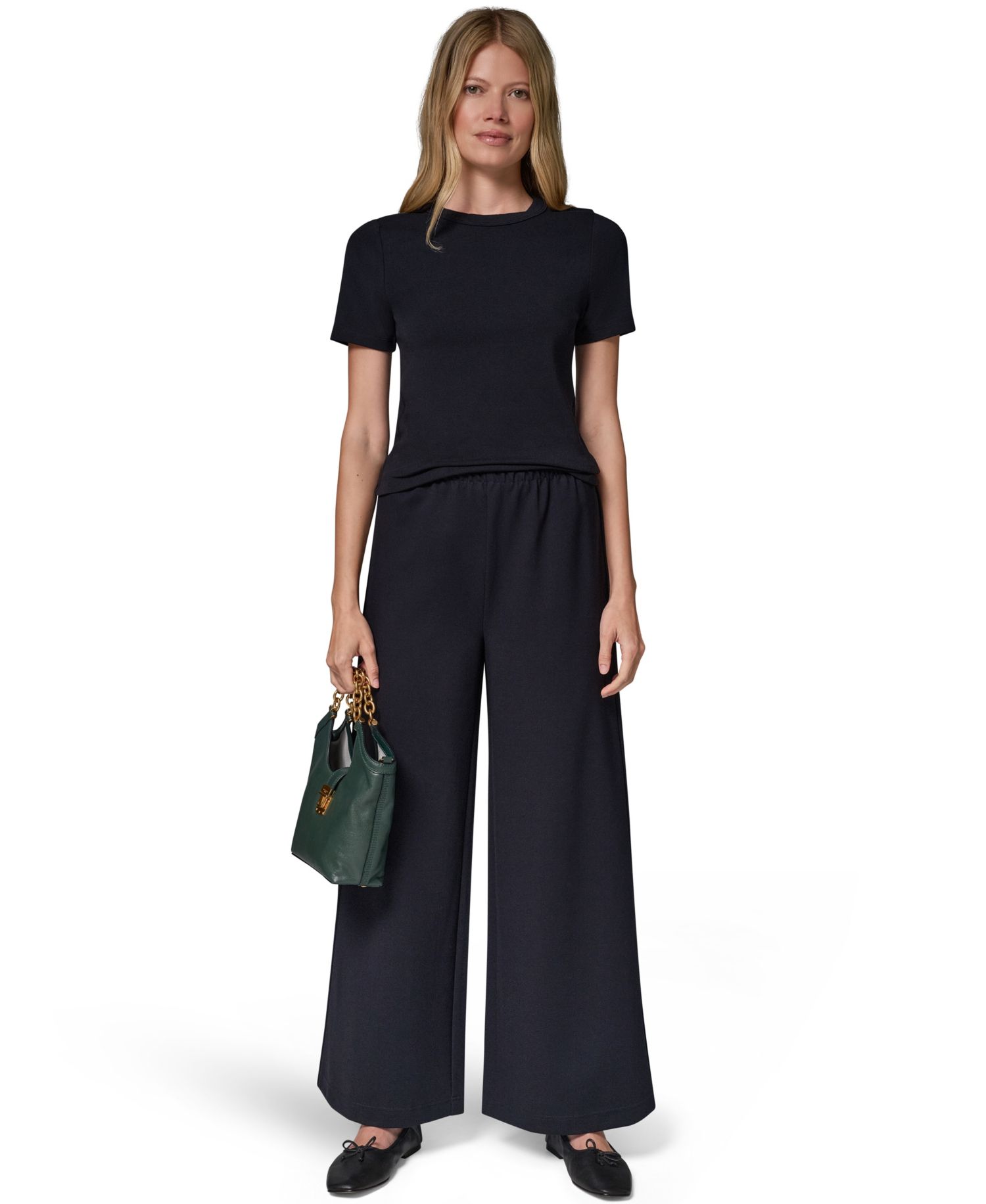Women's Double-Knit Mid Rise Wide Leg Pull-On Pants