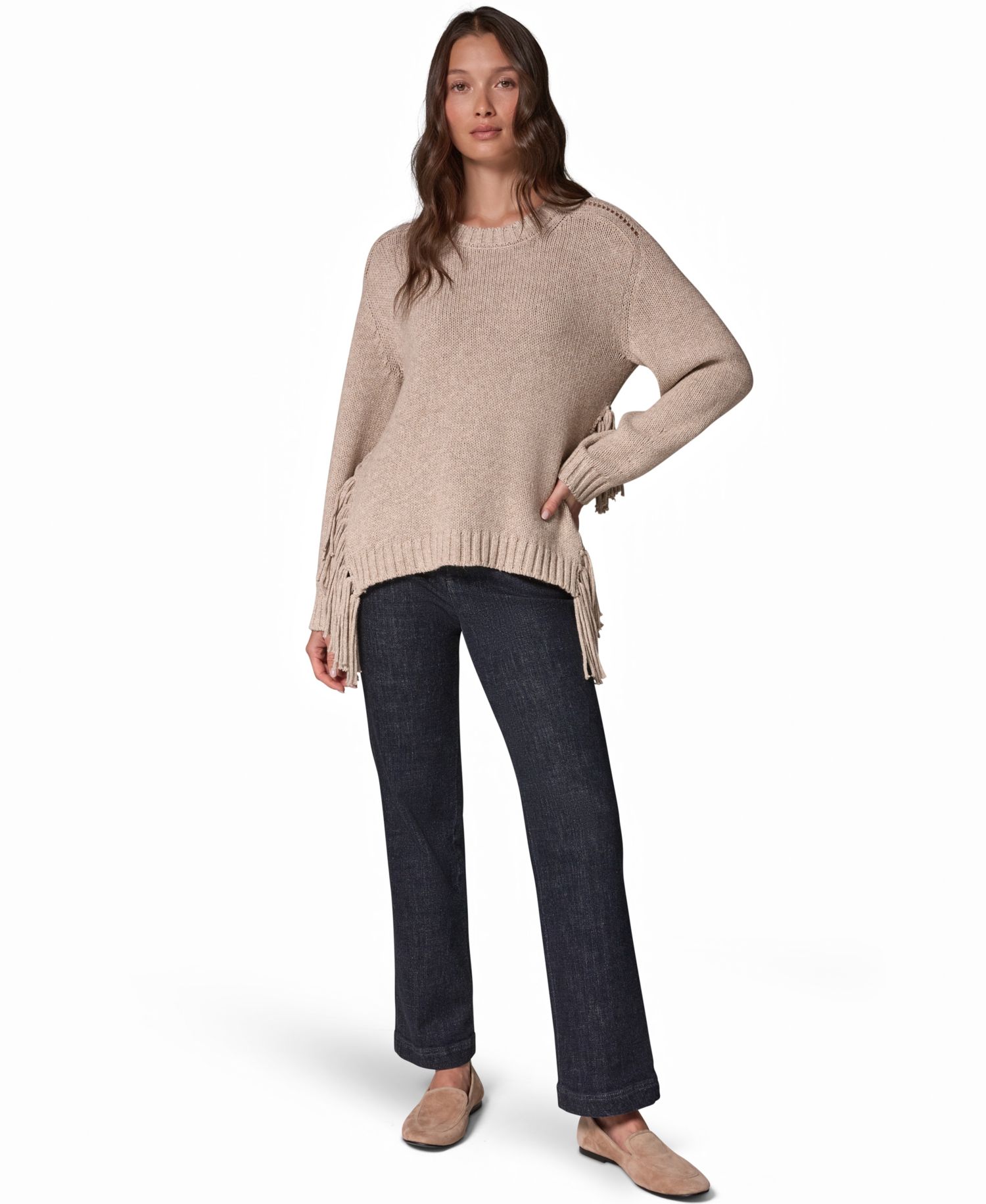 Women's Crewneck Long-Sleeve Fringe Sweater