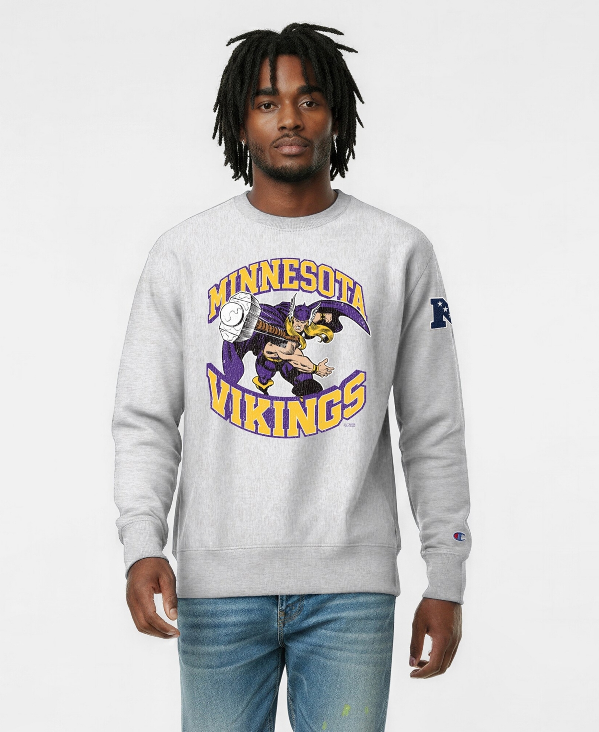 Champion Men's Silver Minnesota Vikings Disney X Champion Reverse Weave Fleece Crewneck Sweatshirt - Silver