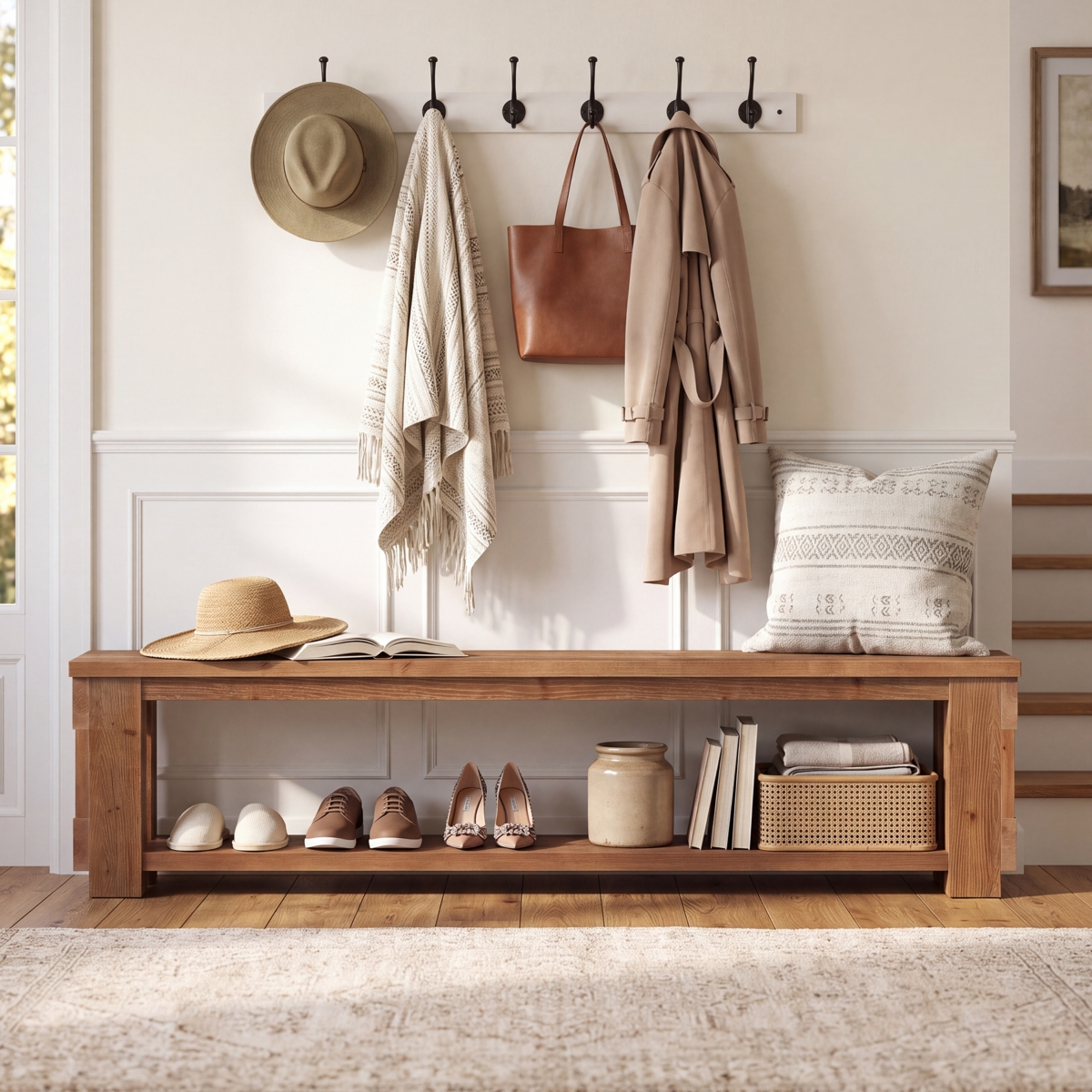 Tribesigns 70.8'' Solid Wood Brown Storage Bench, Farmhouse Bench - Brown