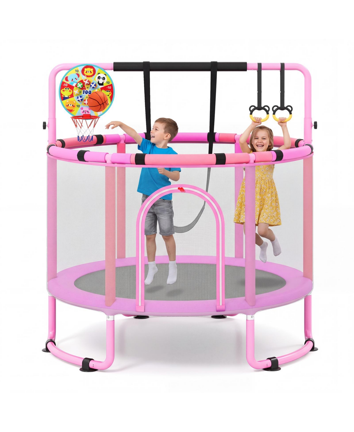 Gymax 60'' Trampoline for Kids with Enclosure with Adjustable Gymnastics Bar Swing Toys - Purple
