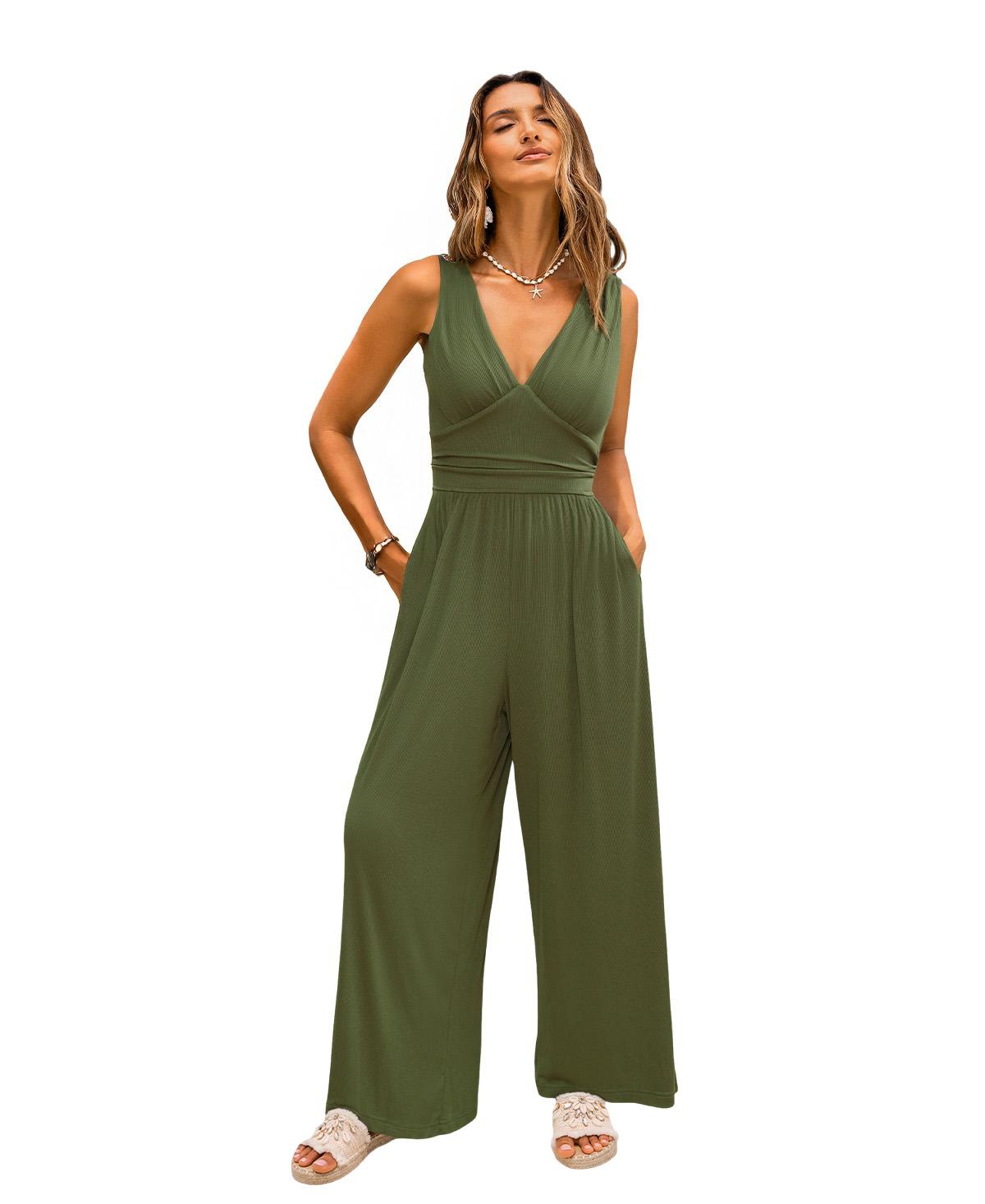 Cupshe Women's V-Neckline Pull-On Wide-Leg Pants - Dark green