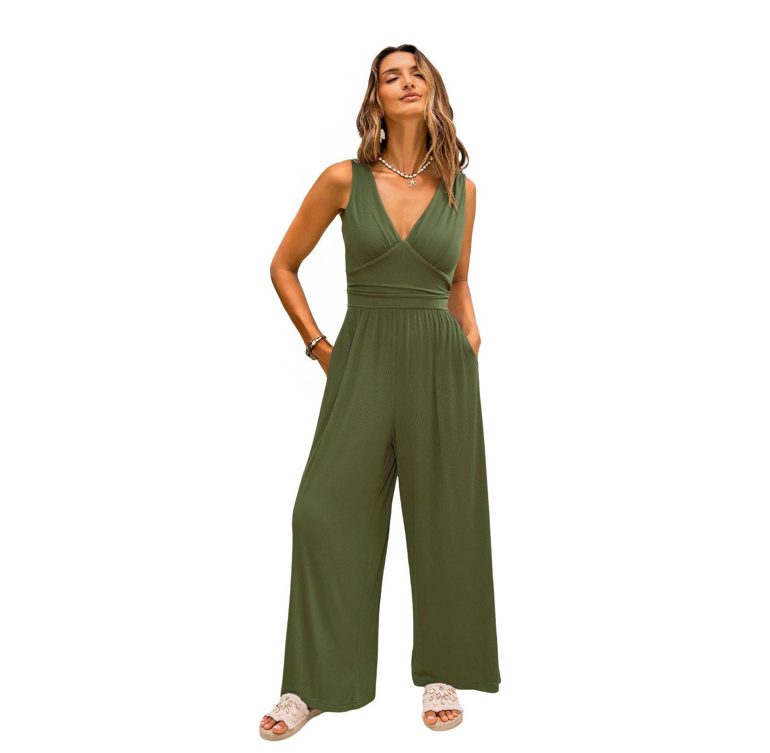 Women's Surplice V-Neck Sleeveless Ribbed Knit Wide Leg Jumpsuit