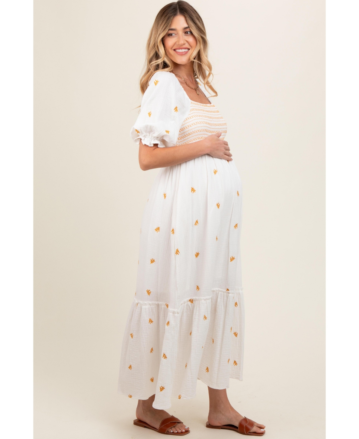 Pinkblush Women's Ivory Gauze Smocked Embroidered Square Neck Midi Dress