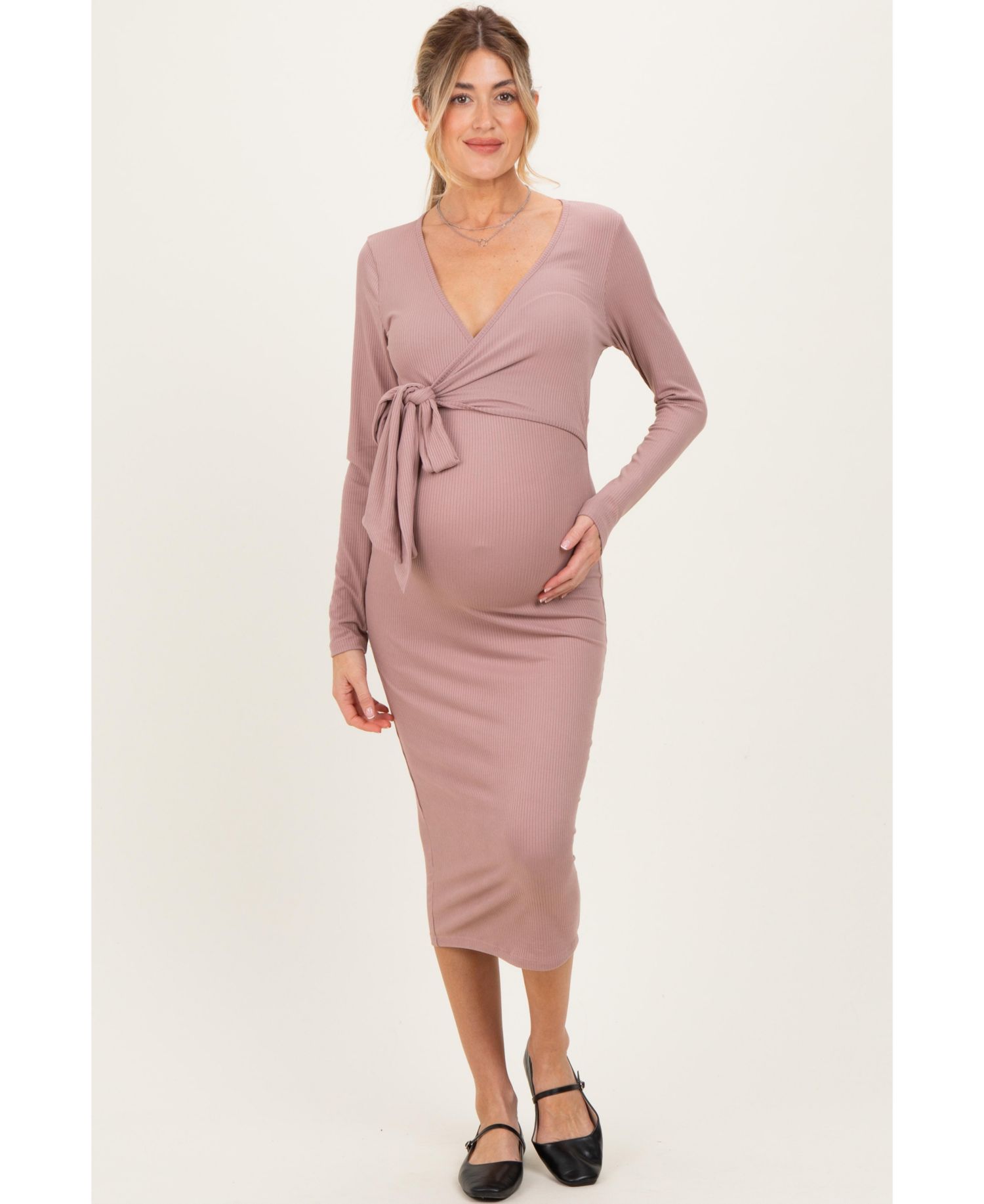 Women's Blue Ribbed Long Sleeve Wrap Dress