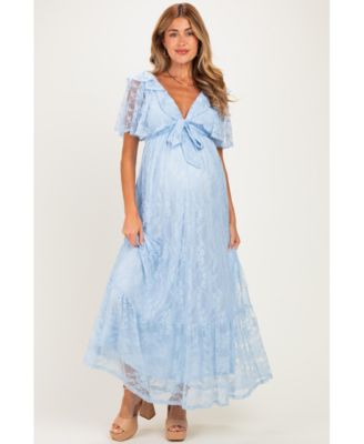 Women's Light Blue Lace Flutter Sleeve Tiered Maxi Dress