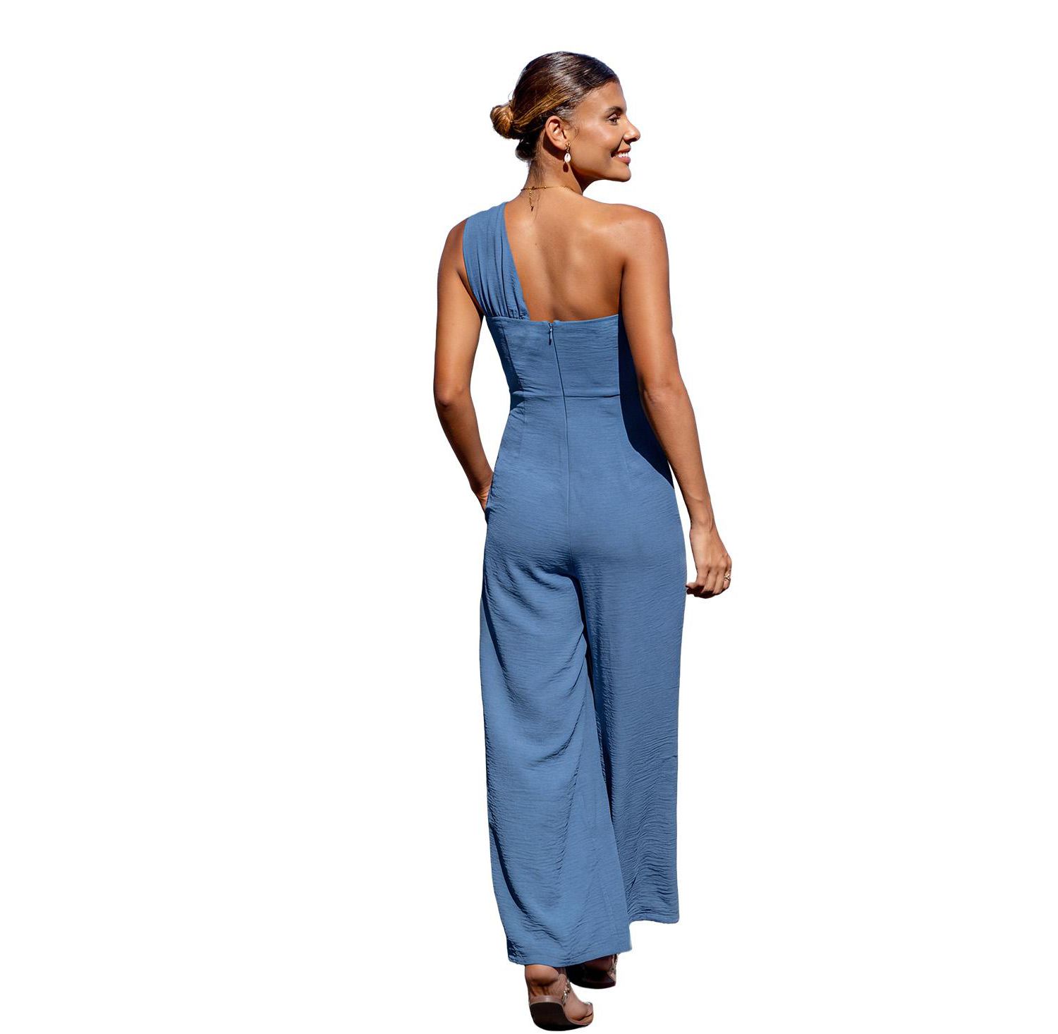 Women's One-Shoulder Twist-Front Wide-Leg Jumpsuit