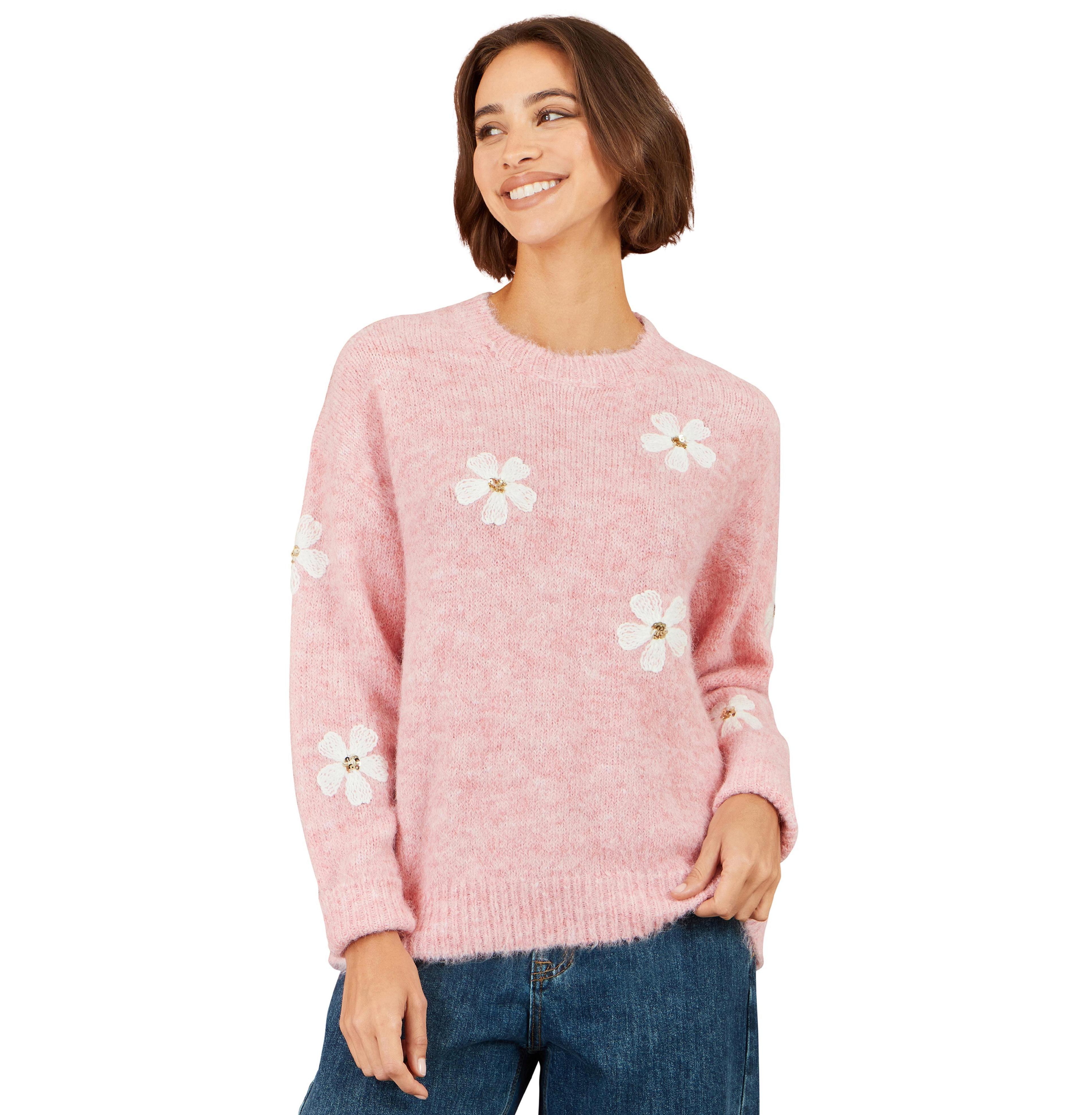 Yumi Women's Crochet Flowers Relaxed-Fit Long-Sleeve Sweater