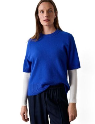 Women's Crewneck Short-Sleeve Ribbed-Knit Wool Sweater