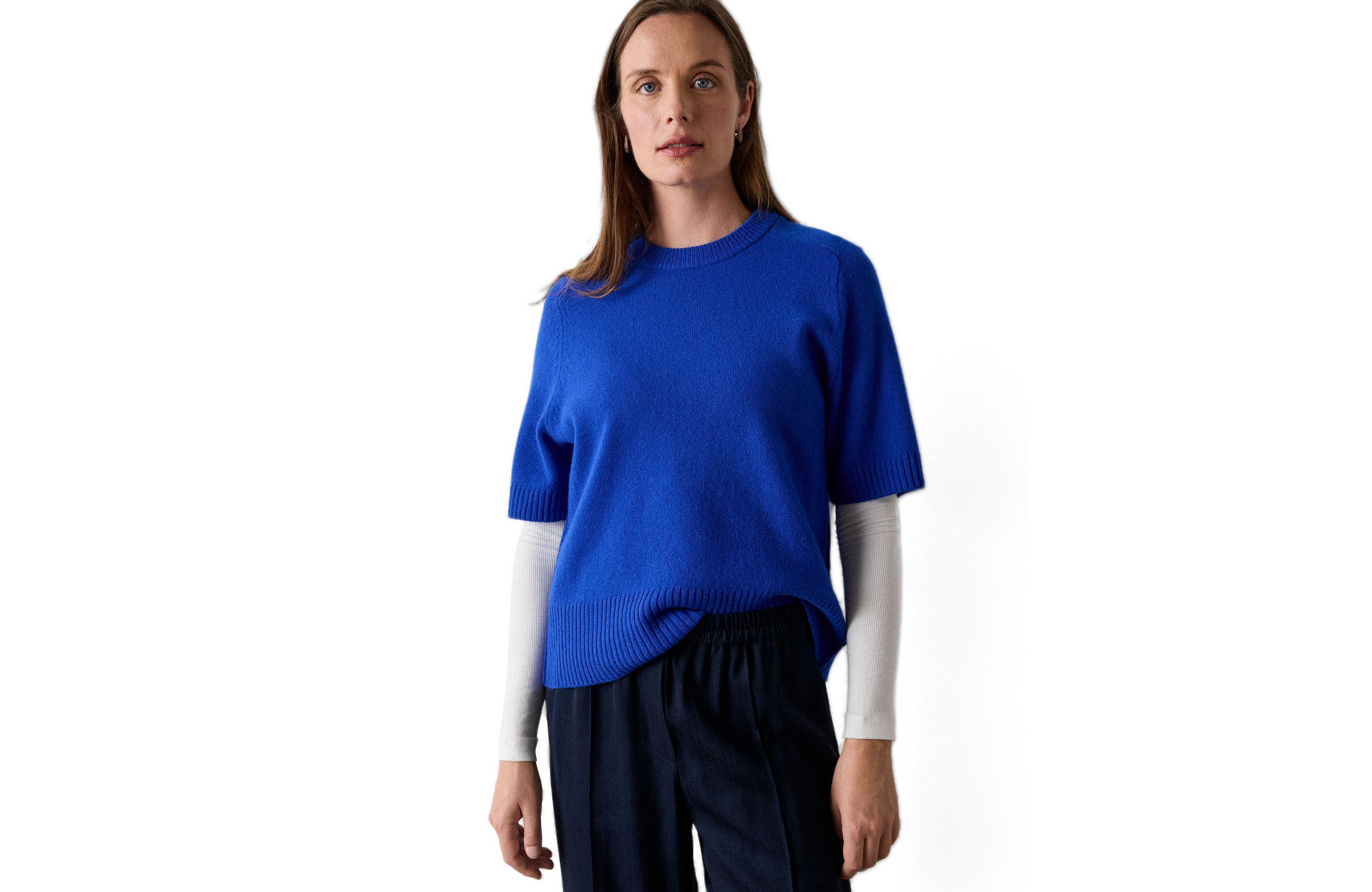 Whistles Women's Crewneck Short-Sleeve Ribbed-Knit Wool Sweater