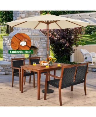 4Pieces  Patio Rattan Dining Furniture Set Acacia Wood Frame Stackable Chair Loveseat