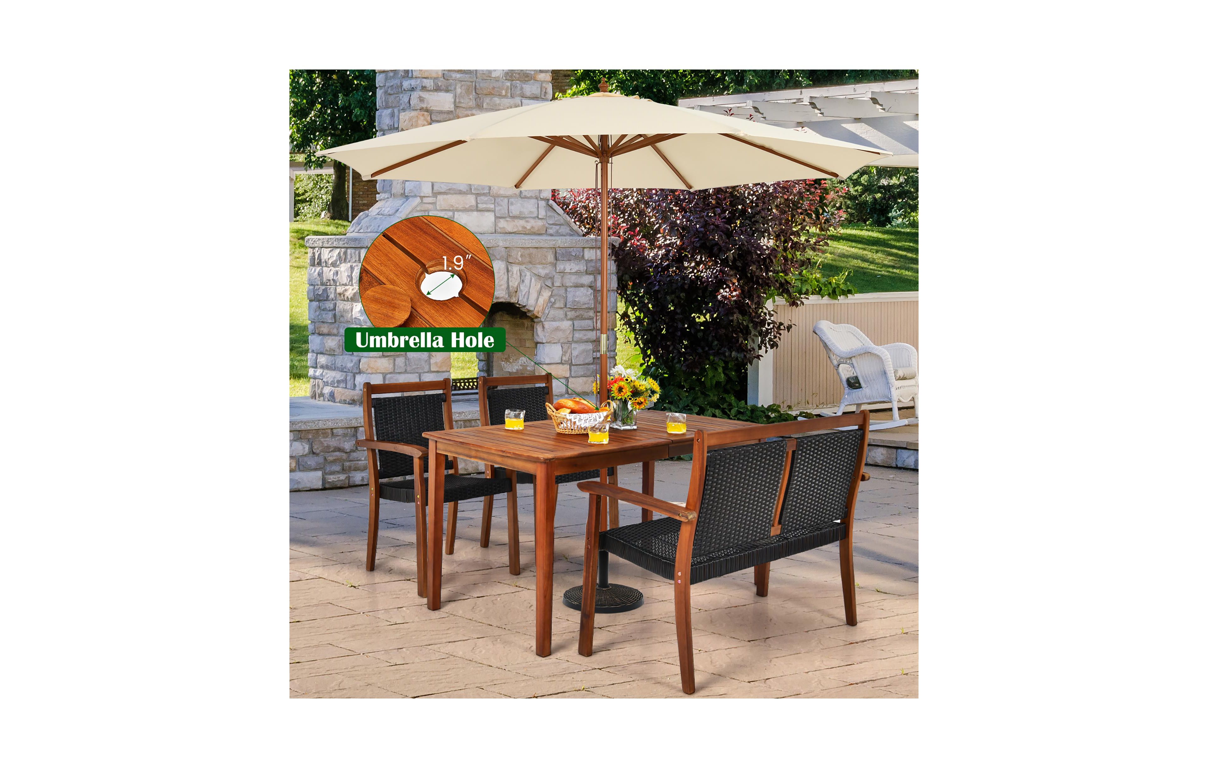 Costway 4Pieces Patio Rattan Dining Furniture Set Acacia Wood Frame Stackable Chair Loveseat